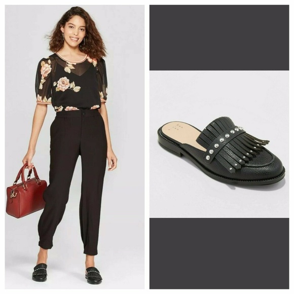 A New Day Women/'s Black Karoline Studded Fringe Backless Loafer Mules